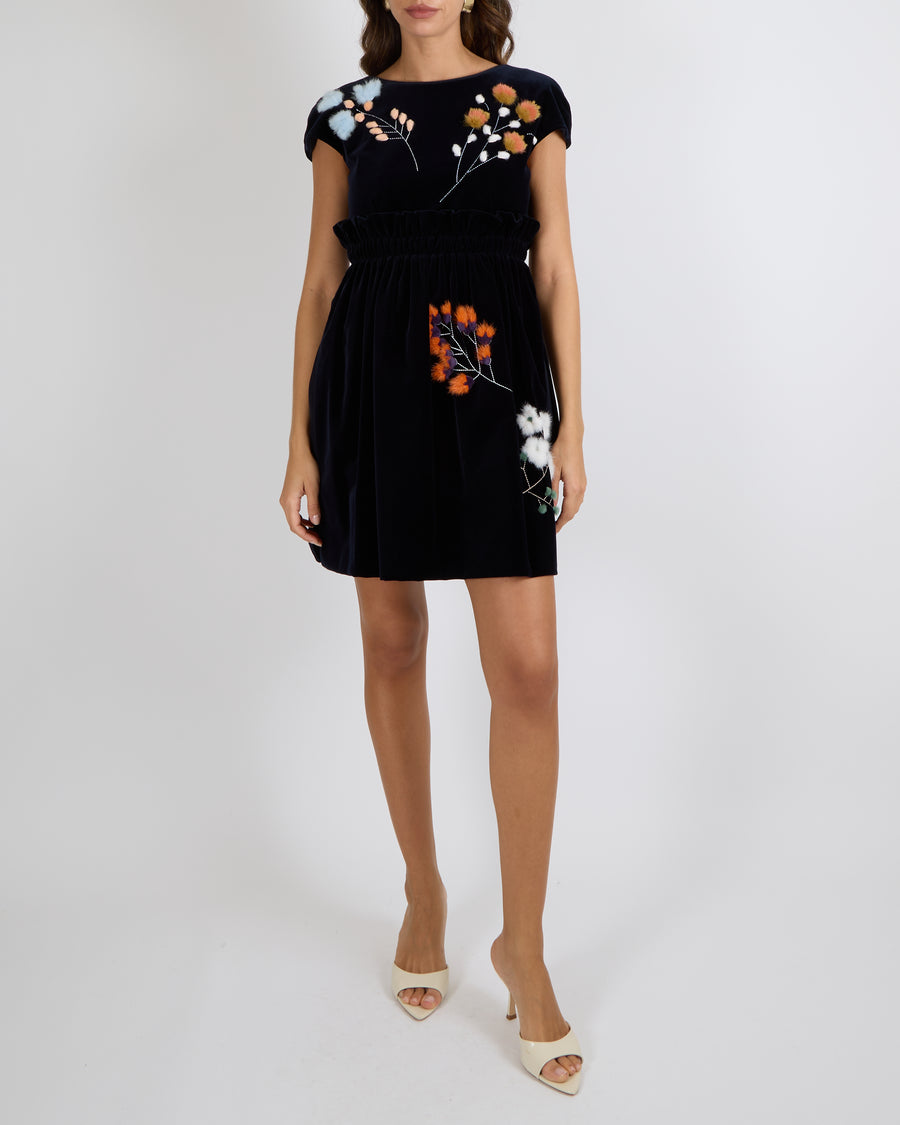 Fendi Navy Velvet Short-Sleeve Mini Dress with Floral Mink Fur Details Size IT 36 (UK 4)