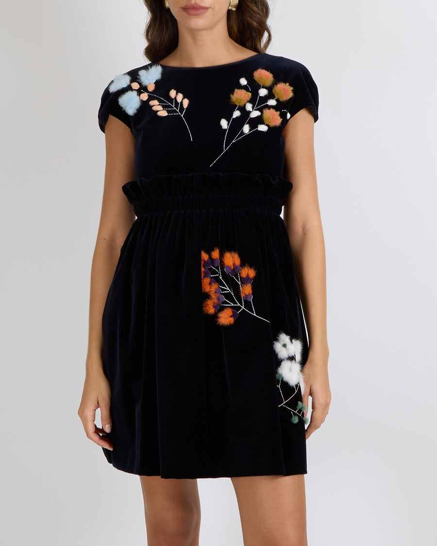 Fendi Navy Velvet Short-Sleeve Mini Dress with Floral Mink Fur Details Size IT 36 (UK 4)