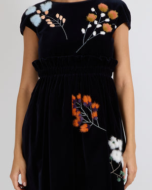 Fendi Navy Velvet Short-Sleeve Mini Dress with Floral Mink Fur Details Size IT 36 (UK 4)