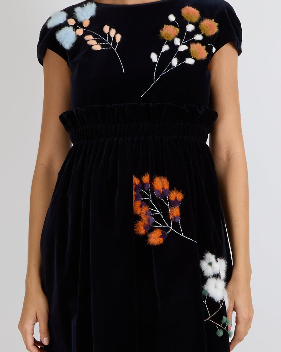Fendi Navy Velvet Short-Sleeve Mini Dress with Floral Mink Fur Details Size IT 36 (UK 4)