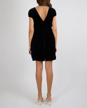 Fendi Navy Velvet Short-Sleeve Mini Dress with Floral Mink Fur Details Size IT 36 (UK 4)