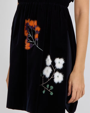 Fendi Navy Velvet Short-Sleeve Mini Dress with Floral Mink Fur Details Size IT 36 (UK 4)