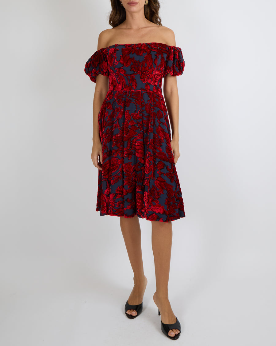 Alena Akhmadullina Blue and Red Short-Sleeve Midi Dress with Velvet Details Size UK 8