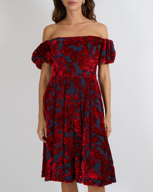 Alena Akhmadullina Blue and Red Short-Sleeve Midi Dress with Velvet Details Size UK 8