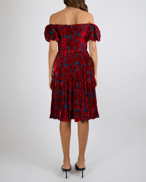 Alena Akhmadullina Blue and Red Short-Sleeve Midi Dress with Velvet Details Size UK 8