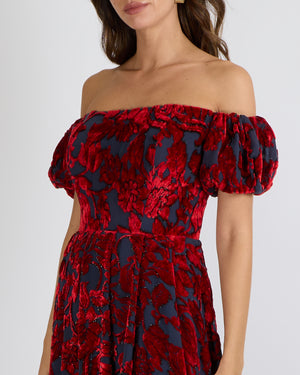 Alena Akhmadullina Blue and Red Short-Sleeve Midi Dress with Velvet Details Size UK 8