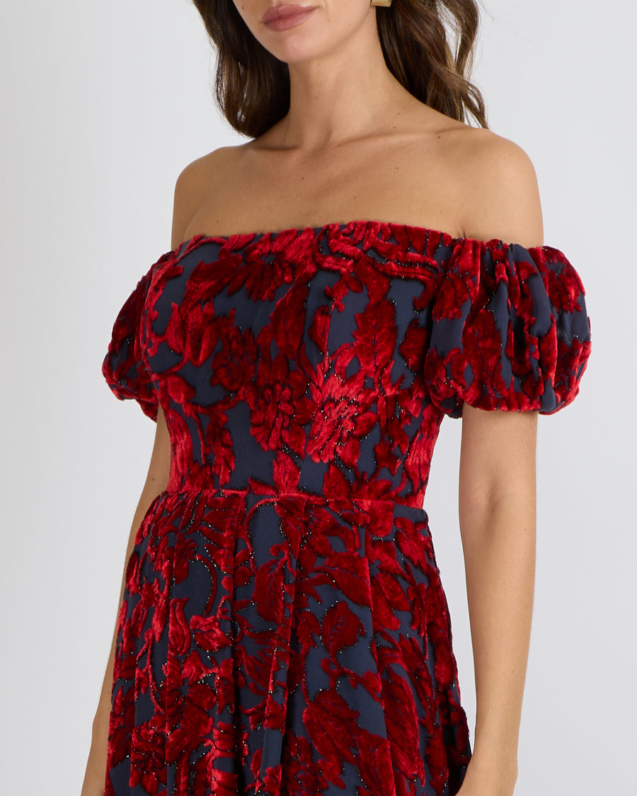 Alena Akhmadullina Blue and Red Short-Sleeve Midi Dress with Velvet Details Size UK 8