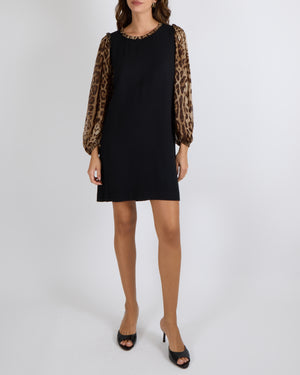 Dolce & Gabbana Black Dress with Leopard Silk Sleeves and Collar Size IT 42 (UK 10) RRP £1,450