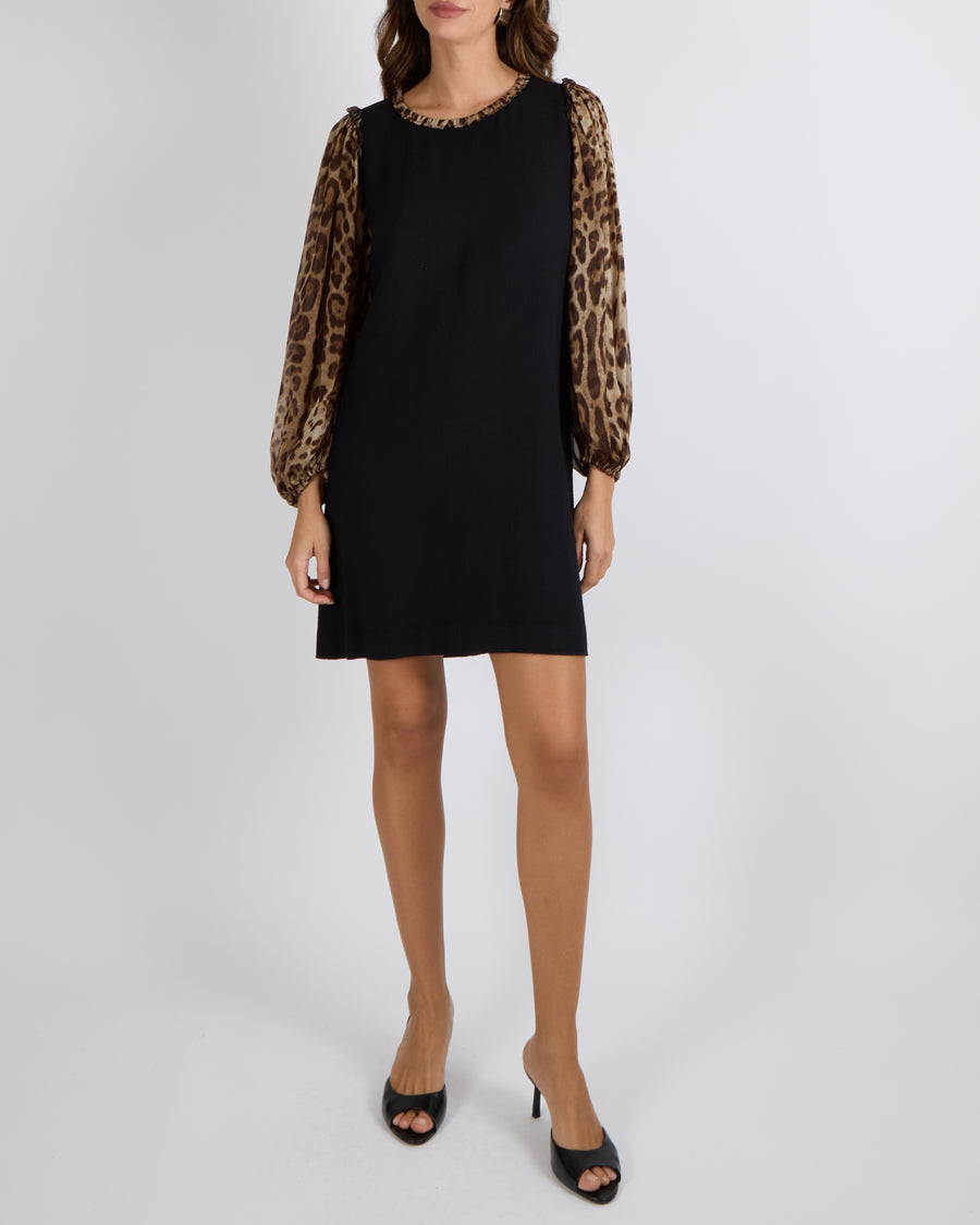 Dolce & Gabbana Black Dress with Leopard Silk Sleeves and Collar Size IT 42 (UK 10) RRP £1,450
