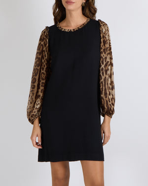 Dolce & Gabbana Black Dress with Leopard Silk Sleeves and Collar Size IT 42 (UK 10) RRP £1,450
