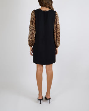 Dolce & Gabbana Black Dress with Leopard Silk Sleeves and Collar Size IT 42 (UK 10) RRP £1,450