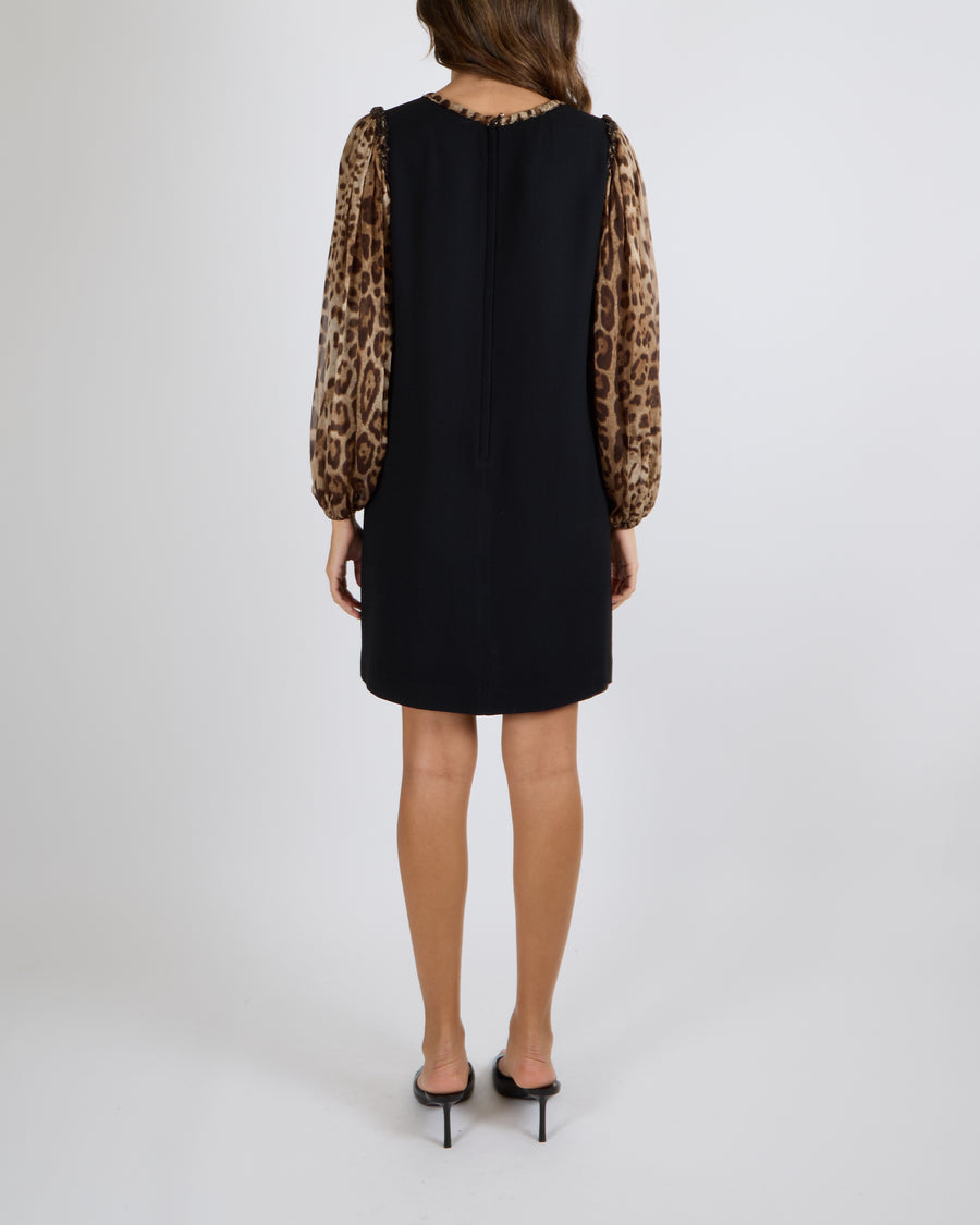 Dolce & Gabbana Black Dress with Leopard Silk Sleeves and Collar Size IT 42 (UK 10) RRP £1,450