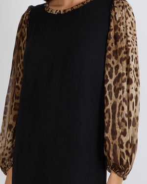Dolce & Gabbana Black Dress with Leopard Silk Sleeves and Collar Size IT 42 (UK 10) RRP £1,450