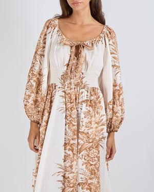Zimmermann White and Brown Floral Printed Linen Moonshine Maxi Dress with Lantern Sleeves and and Ribbon Detail Size 2 (UK 12)