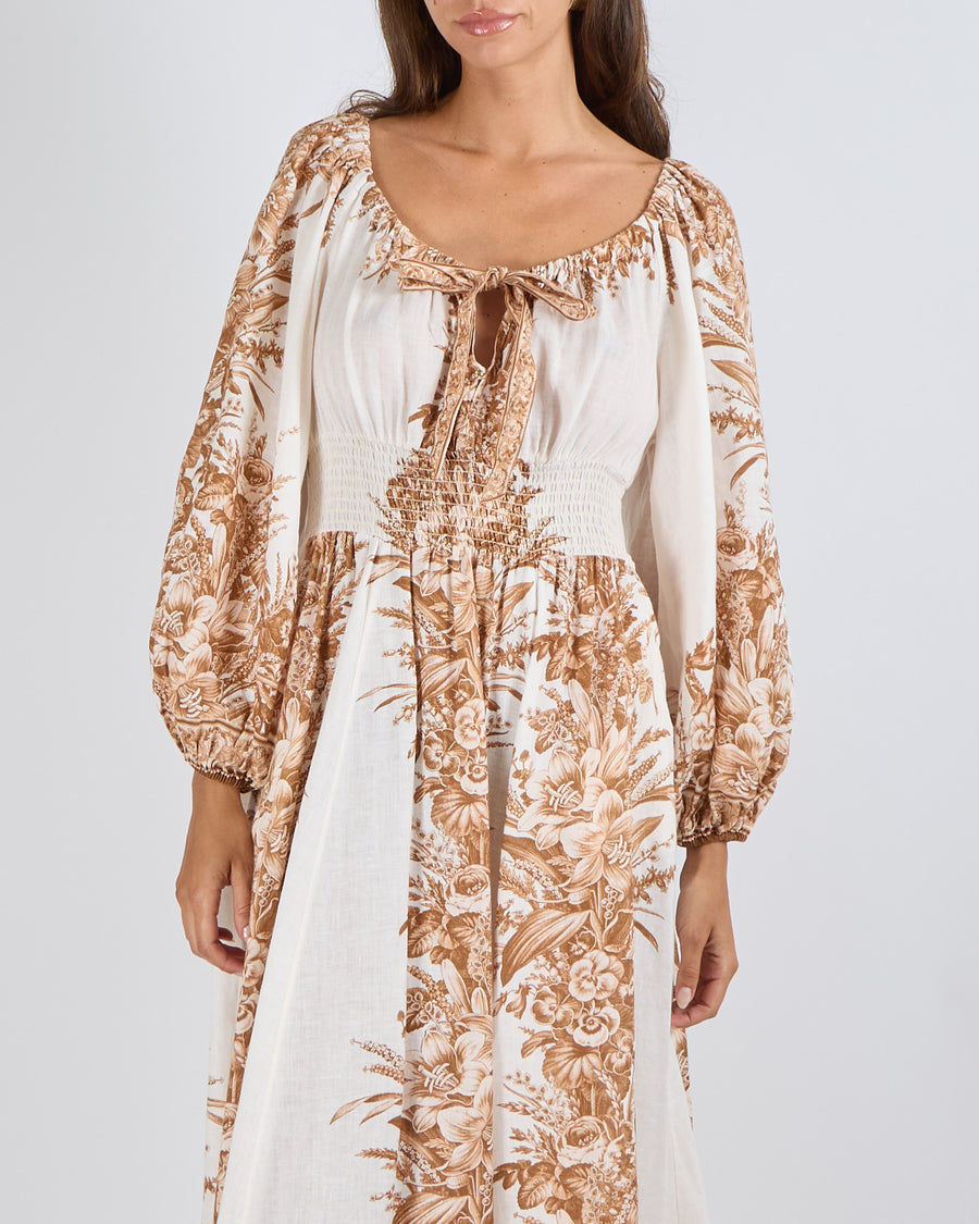 Zimmermann White and Brown Floral Printed Linen Moonshine Maxi Dress with Lantern Sleeves and and Ribbon Detail Size 2 (UK 12)
