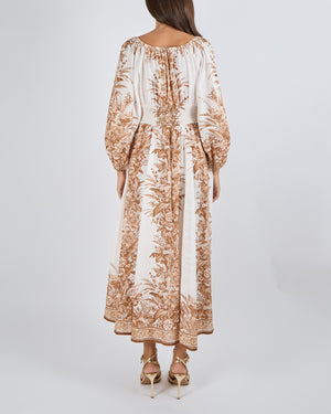 Zimmermann White and Brown Floral Printed Linen Moonshine Maxi Dress with Lantern Sleeves and and Ribbon Detail Size 2 (UK 12)