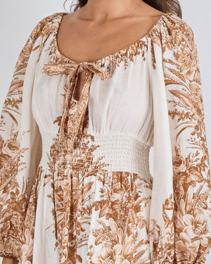 Zimmermann White and Brown Floral Printed Linen Moonshine Maxi Dress with Lantern Sleeves and and Ribbon Detail Size 2 (UK 12)