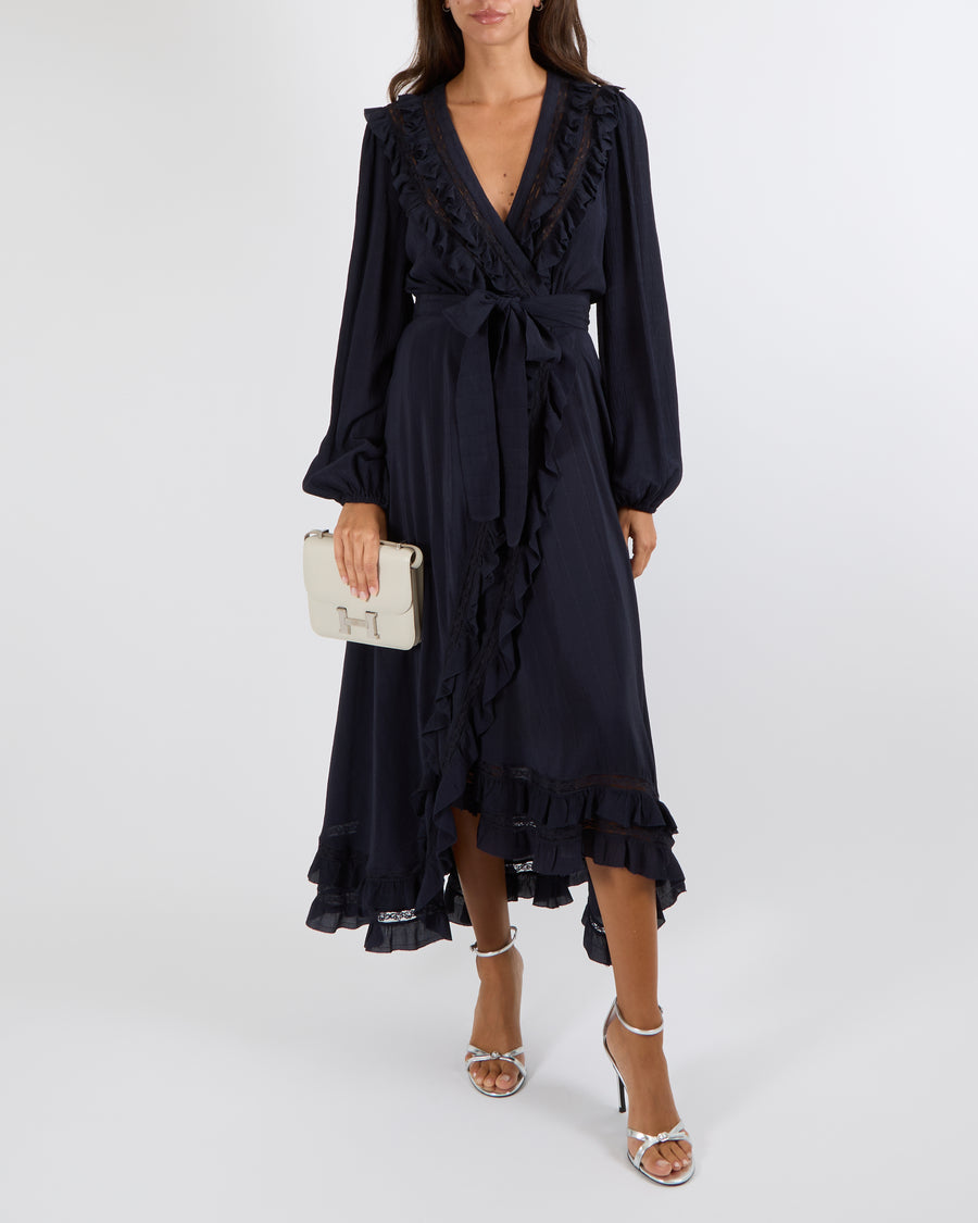 Zimmermann Navy Silk Maxi Wrap-Dress with Ruffle and Lace Details Size 1 (UK 10)