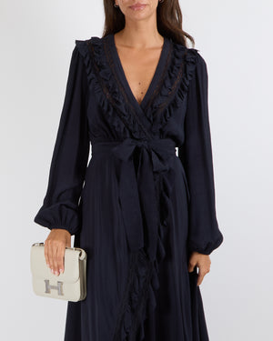 Zimmermann Navy Silk Maxi Wrap-Dress with Ruffle and Lace Details Size 1 (UK 10)