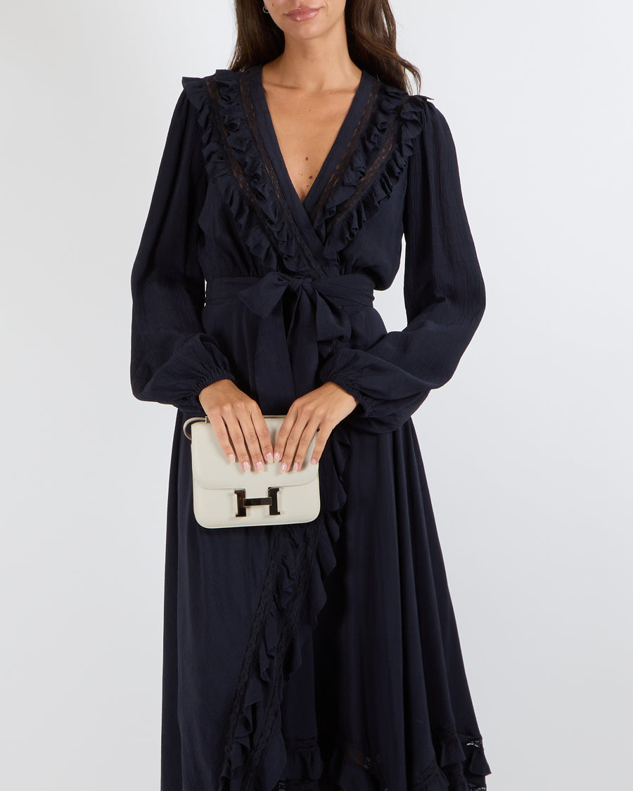 Zimmermann Navy Silk Maxi Wrap-Dress with Ruffle and Lace Details Size 1 (UK 10)