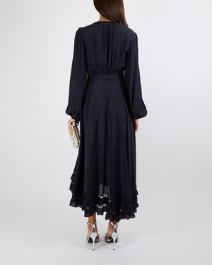 Zimmermann Navy Silk Maxi Wrap-Dress with Ruffle and Lace Details Size 1 (UK 10)