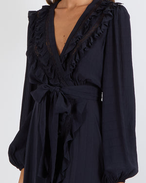 Zimmermann Navy Silk Maxi Wrap-Dress with Ruffle and Lace Details Size 1 (UK 10)