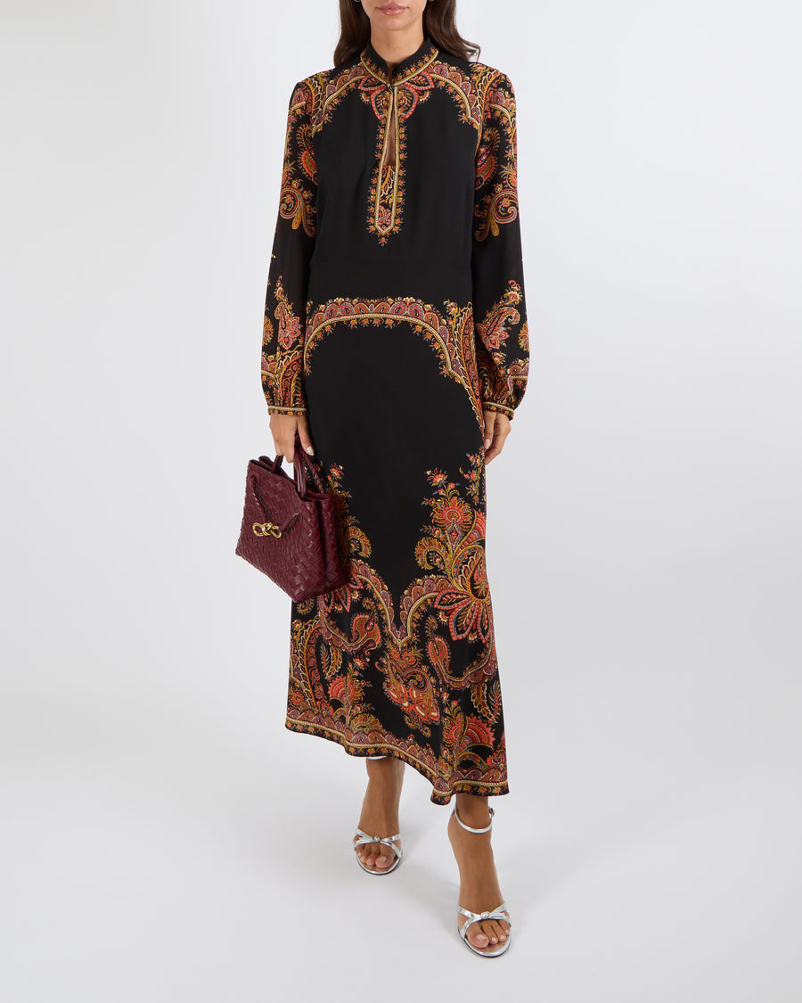 Etro Black Paisley Printed Midi Dress with Long-Sleeves and Front Cut-Out Detail Size FR 40 (UK 12) RRP £1,485
