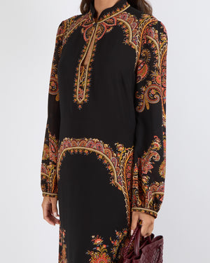 Etro Black Paisley Printed Midi Dress with Long-Sleeves and Front Cut-Out Detail Size FR 40 (UK 12) RRP £1,485