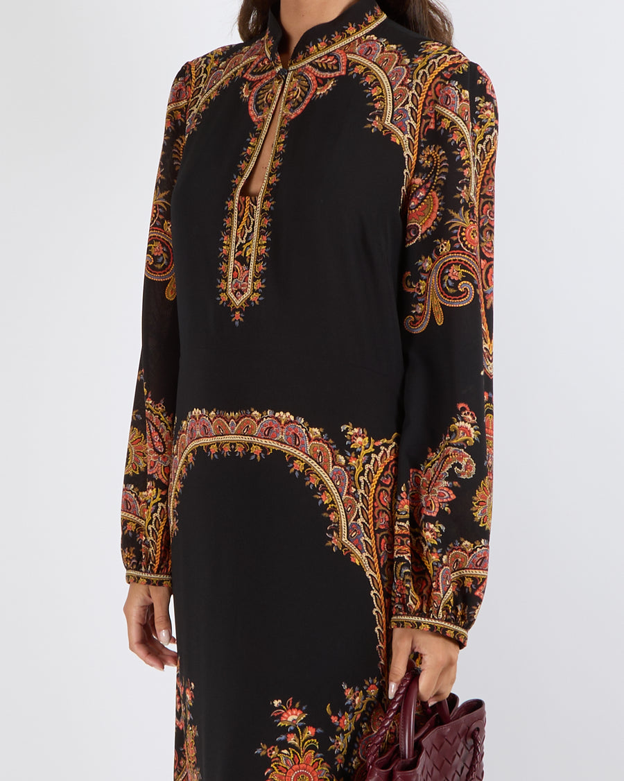 Etro Black Paisley Printed Midi Dress with Long-Sleeves and Front Cut-Out Detail Size FR 40 (UK 12) RRP £1,485