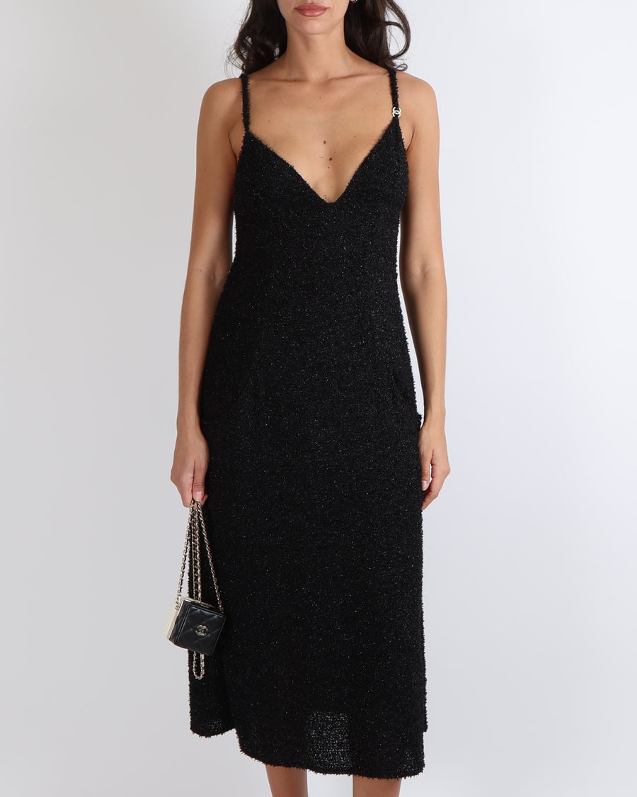 Chanel Black Shimmery Sleeveless Midi Dress with Front Pockets and Crystal CC Logo Button Detail Size FR 38 (UK 10)
