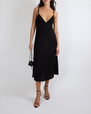 Chanel Black Shimmery Sleeveless Midi Dress with Front Pockets and Crystal CC Logo Button Detail Size FR 38 (UK 10)