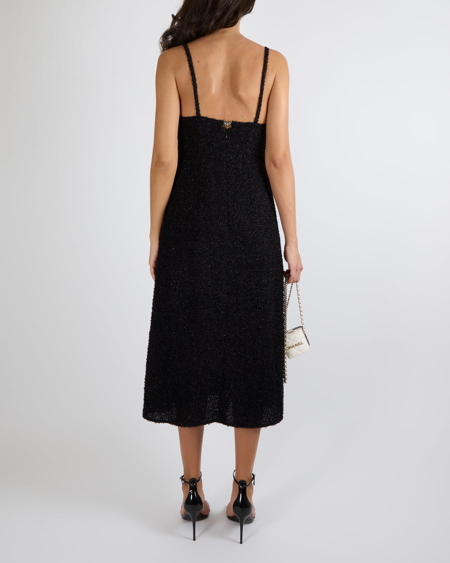 Chanel Black Shimmery Sleeveless Midi Dress with Front Pockets and Crystal CC Logo Button Detail Size FR 38 (UK 10)