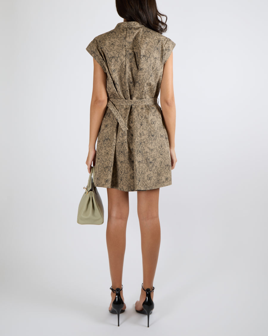 Christian Dior Khaki Toile de Jouy Papillon Sleeveless Belted Shirt Mini Dress with Black Butterfly and Floral Motif Size FR 40 (UK 12) RRP £2,800