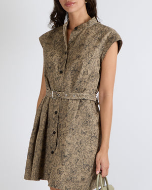 Christian Dior Khaki Toile de Jouy Papillon Sleeveless Belted Shirt Mini Dress with Black Butterfly and Floral Motif Size FR 40 (UK 12) RRP £2,800