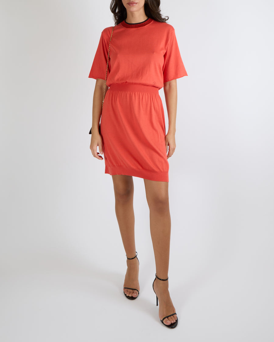 Louis Vuitton Coral Red Silk Blend Short-Sleeved Mini Dress with Shimmery Round Neck Detail and Perforated Logo Size S (UK 8)