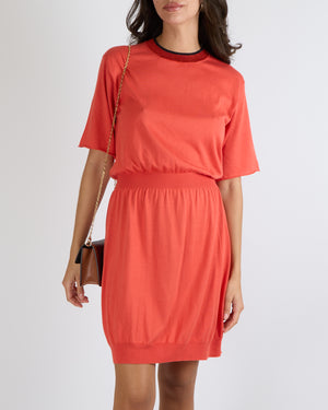 Louis Vuitton Coral Red Silk Blend Short-Sleeved Mini Dress with Shimmery Round Neck Detail and Perforated Logo Size S (UK 8)