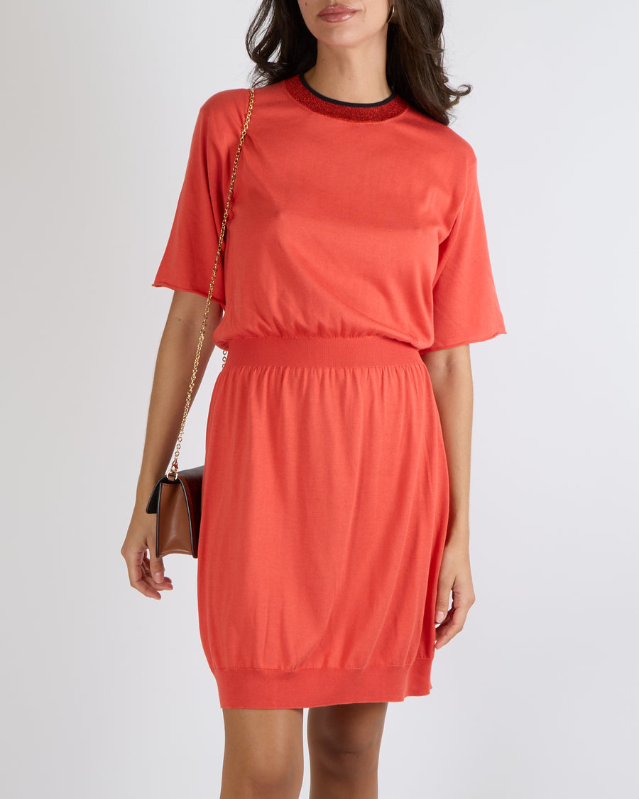 Louis Vuitton Coral Red Silk Blend Short-Sleeved Mini Dress with Shimmery Round Neck Detail and Perforated Logo Size S (UK 8)