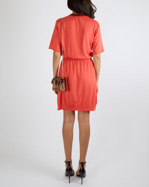 Louis Vuitton Coral Red Silk Blend Short-Sleeved Mini Dress with Shimmery Round Neck Detail and Perforated Logo Size S (UK 8)