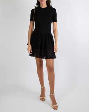 Louis Vuitton Black Knit Short-Sleeved Mini Dress with Sequin Embellished Lace Skirt Size S (UK 8)