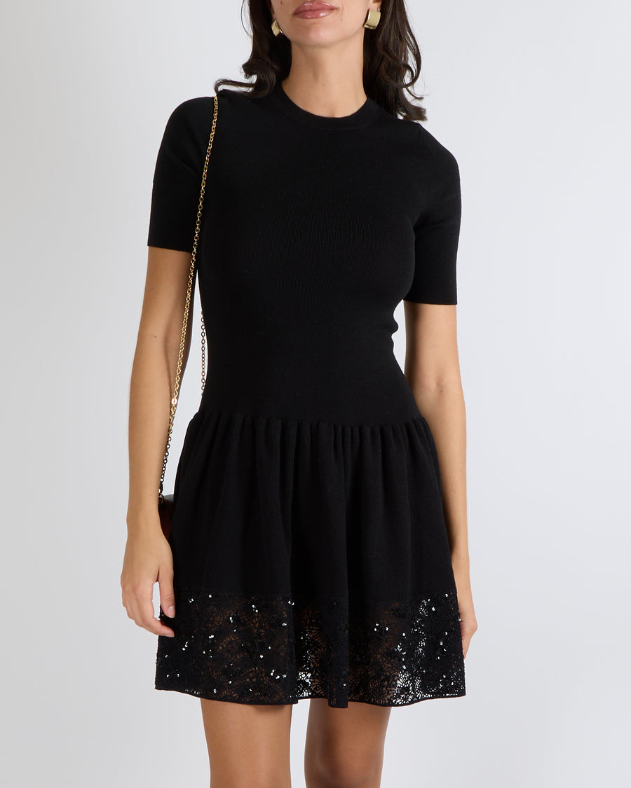 Louis Vuitton Black Knit Short-Sleeved Mini Dress with Sequin Embellished Lace Skirt Size S (UK 8)