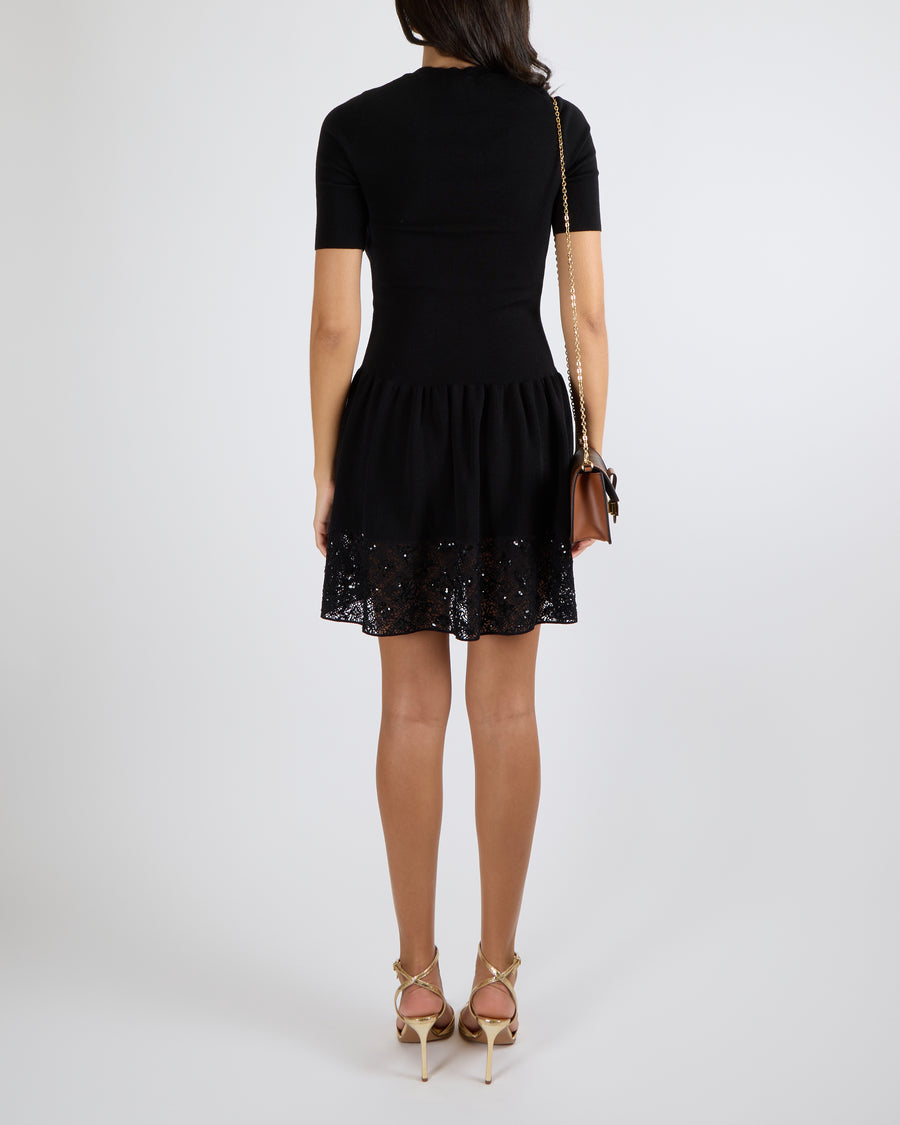 Louis Vuitton Black Knit Short-Sleeved Mini Dress with Sequin Embellished Lace Skirt Size S (UK 8)
