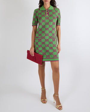 Gucci Green Knit Short-Sleeved Mini Dress with Purple GG Logo Print and Gold Buttons Detail Size M (UK 10) RRP £1,650