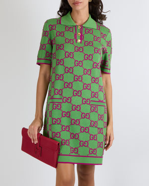 Gucci Green Knit Short-Sleeved Mini Dress with Purple GG Logo Print an Sellier Gucci Green Knit Short-Sleeved Mini Dress with Purple GG Logo Print an Sellier