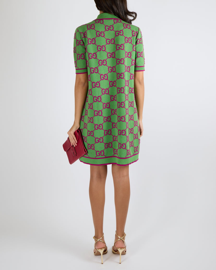 Gucci Green Knit Short-Sleeved Mini Dress with Purple GG Logo Print and Gold Buttons Detail Size M (UK 10) RRP £1,650