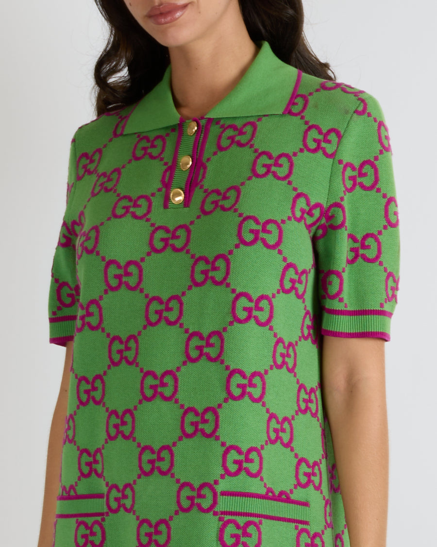 Gucci Green Knit Short-Sleeved Mini Dress with Purple GG Logo Print and Gold Buttons Detail Size M (UK 10) RRP £1,650