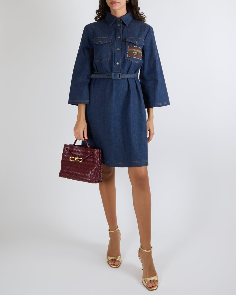 Gucci Dark Blue Denim Long-Sleeved Belted Mini Dress with Silver Logo Sellier Gucci Dark Blue Denim Long-Sleeved Belted Mini Dress with Silver Logo Sellier