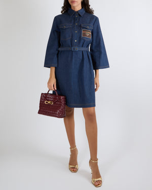 Gucci Dark Blue Denim Long-Sleeved Belted Mini Dress with Silver Logo Buttons and Front Logo Patch Size IT 44 (UK 12) RRP £2,000