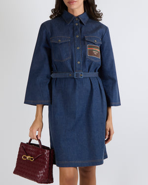 Gucci Dark Blue Denim Long-Sleeved Belted Mini Dress with Silver Logo   Sellier