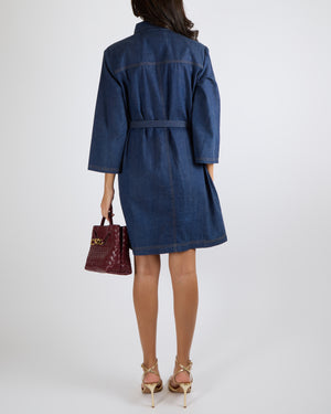 Gucci Dark Blue Denim Long-Sleeved Belted Mini Dress with Silver Logo Buttons and Front Logo Patch Size IT 44 (UK 12) RRP £2,000