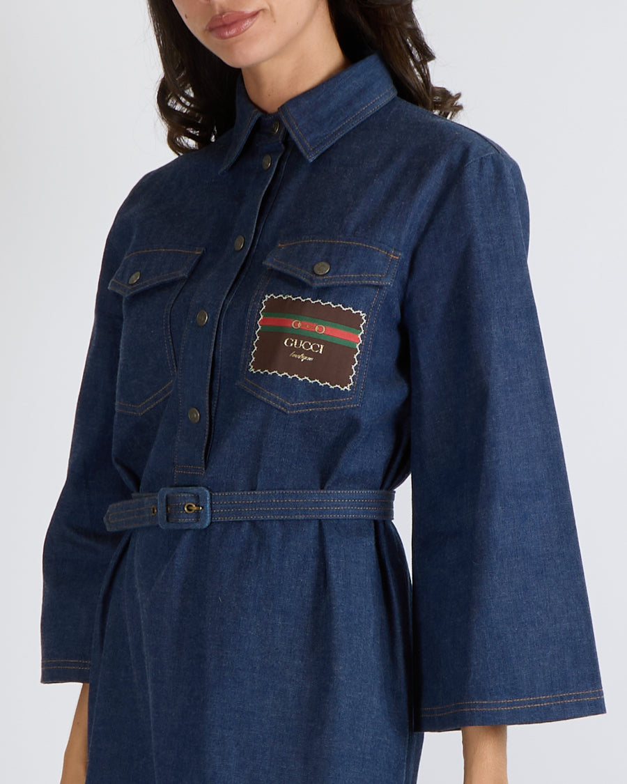 Gucci Dark Blue Denim Long-Sleeved Belted Mini Dress with Silver Logo Buttons and Front Logo Patch Size IT 44 (UK 12) RRP £2,000